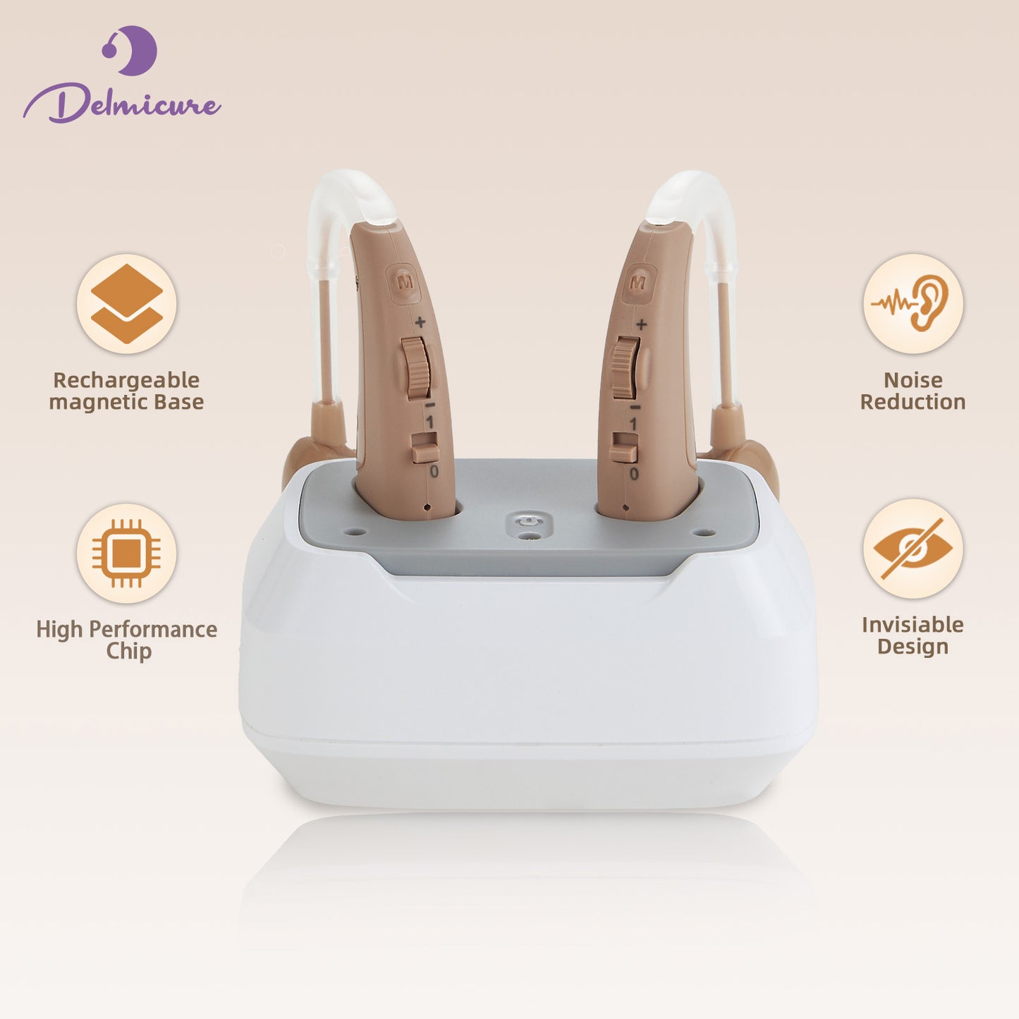 Delmicure VHP-1011 Hearing Aids for Adults, Hearing Amplifier with Charging Dock, Binarual (Beige), Control with Slide_1