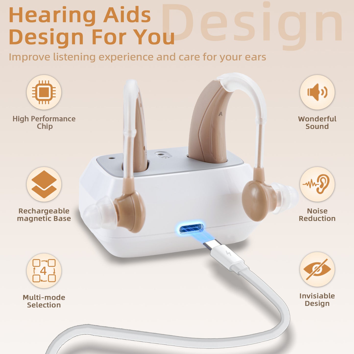 Delmicure VHP-1011 Hearing Aids for Adults, Hearing Amplifier with Charging Dock, Binarual (Beige), Control with Slide_4