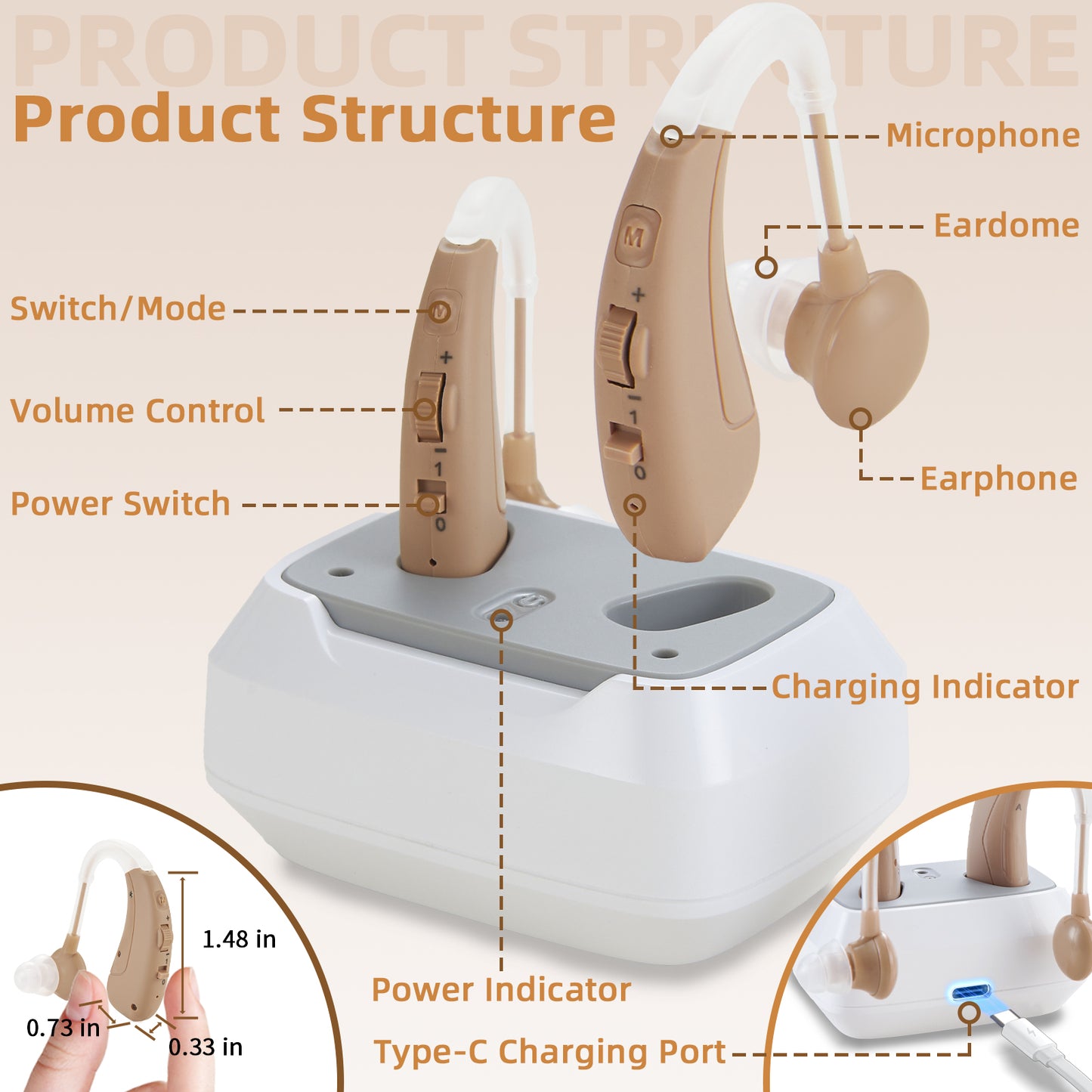 Delmicure VHP-1011 Hearing Aids for Adults, Hearing Amplifier with Charging Dock, Binarual (Beige), Control with Slide_5