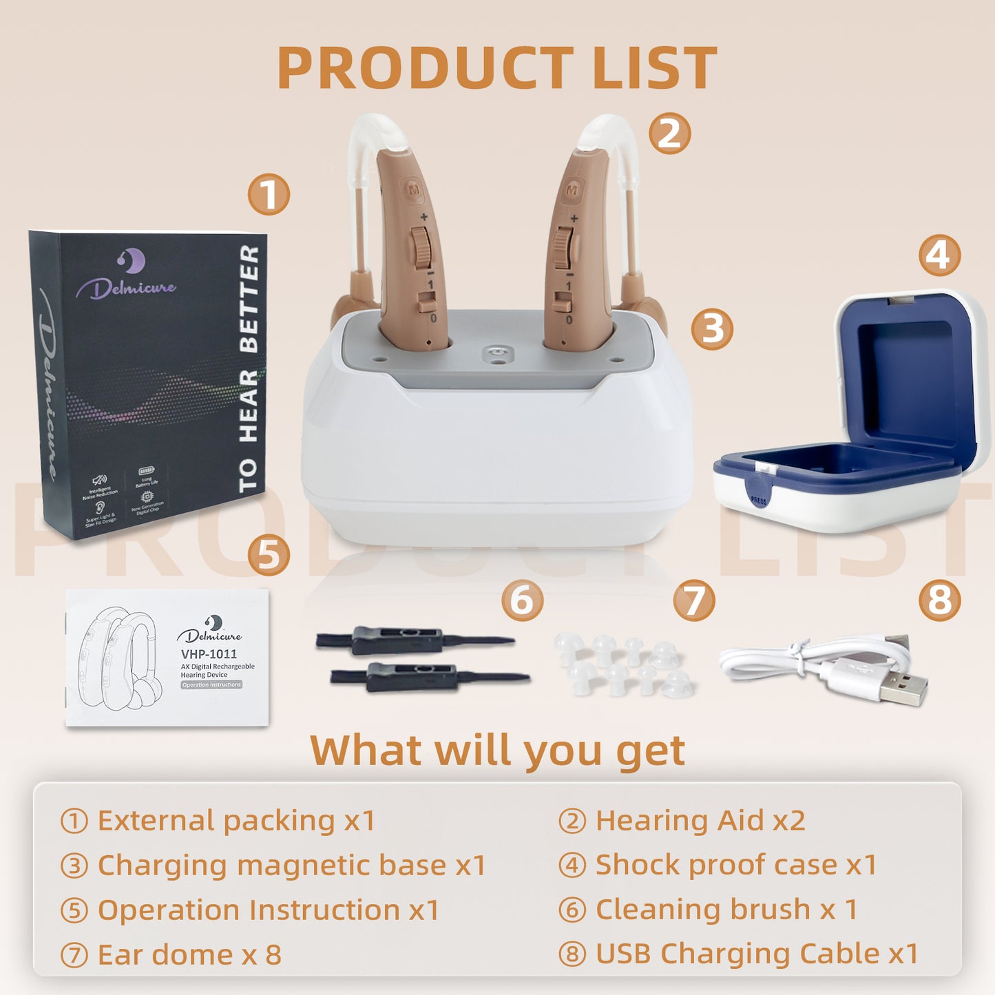 Delmicure VHP-1011 Hearing Aids for Adults, Hearing Amplifier with Charging Dock, Binarual (Beige), Control with Slide_7