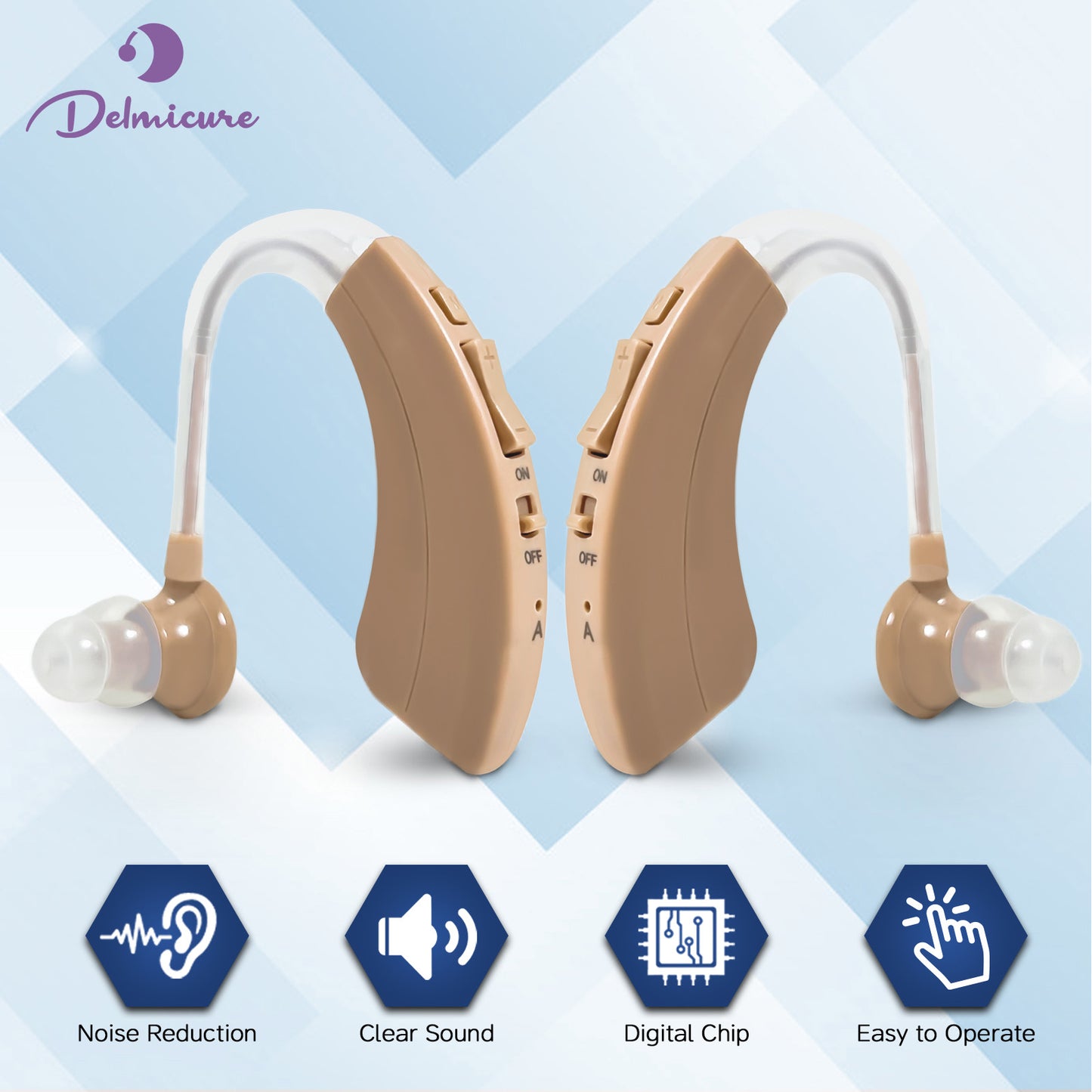Delmicure VHP-1220AX BTE Hearing Aids with Dynamic Drive Speaker, Full Digital Signal Processing, Binarual (Beige)_1
