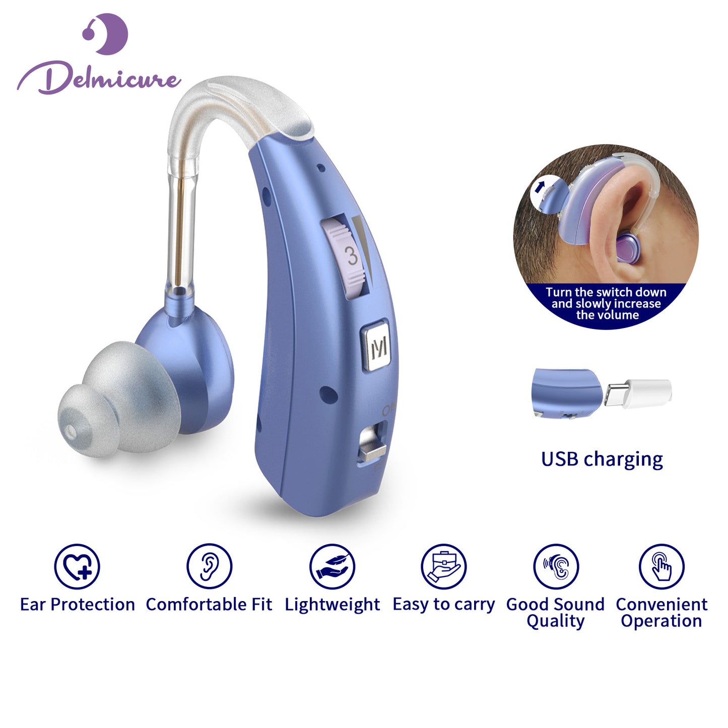 Delmicure VHP-1303 Hearing Aid For Seniors with 2 Frequency Modes, Single Machine, Blue-1