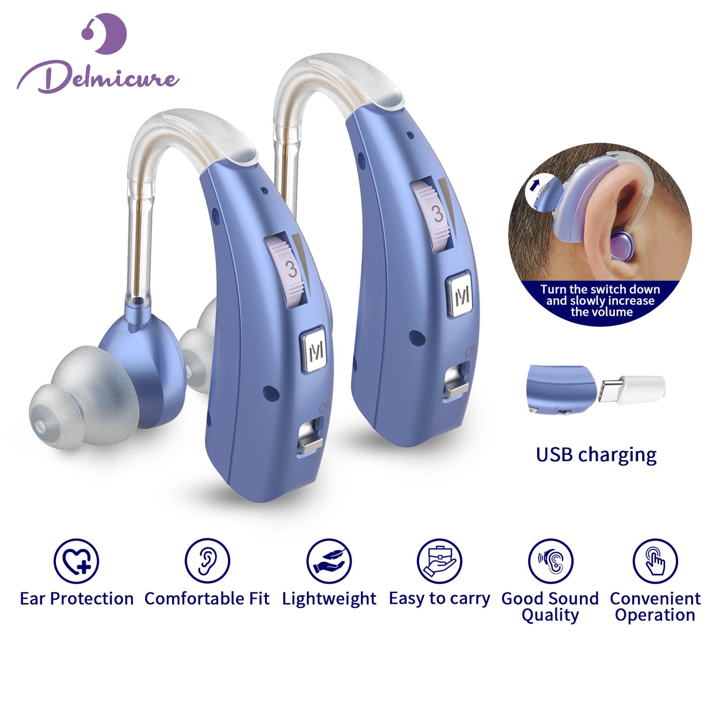 Delmicure VHP-1303 Hearing Aids For Seniors with 2 Frequency Modes, Dual Machine, Blue_1