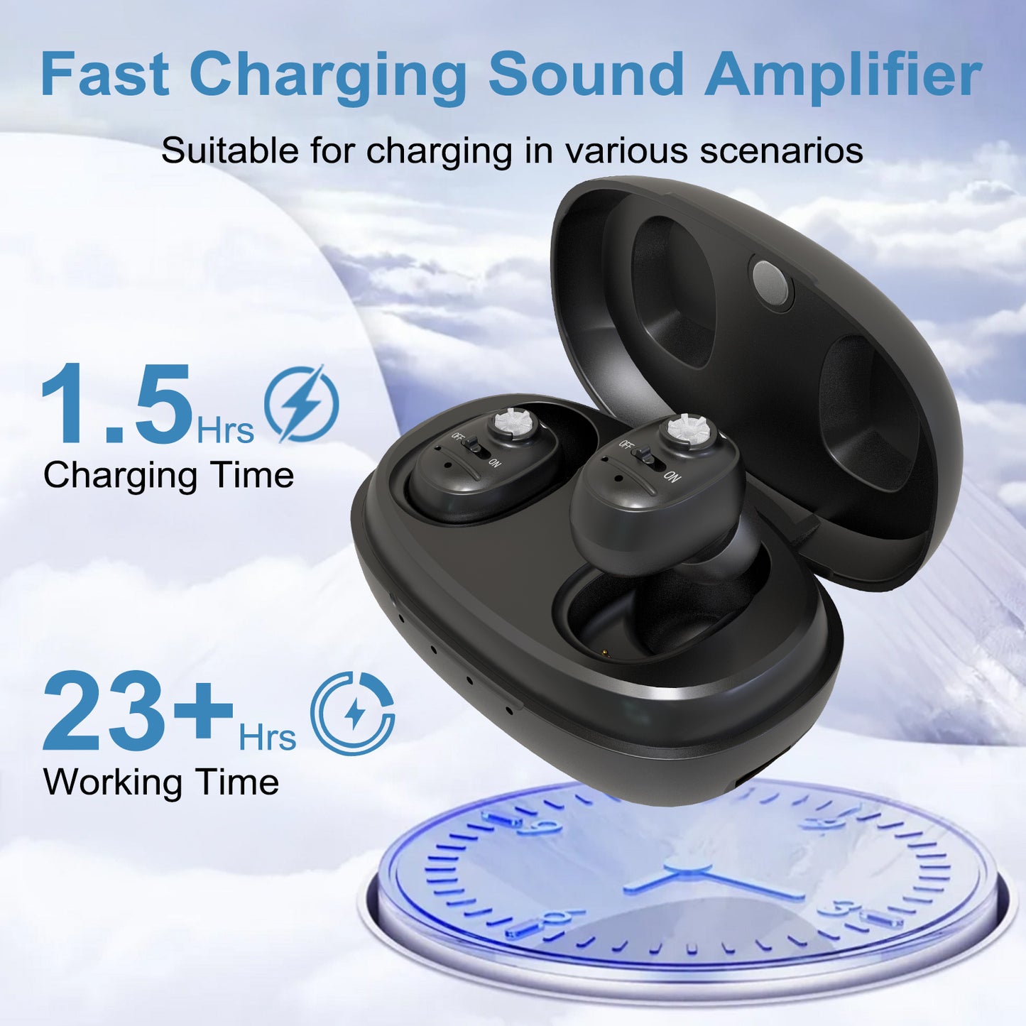 Delmicure VHP-1607 Hearing Aids, Rechargeable Hearing Amplifiers with Portable Charging Case, Binaural (Black)