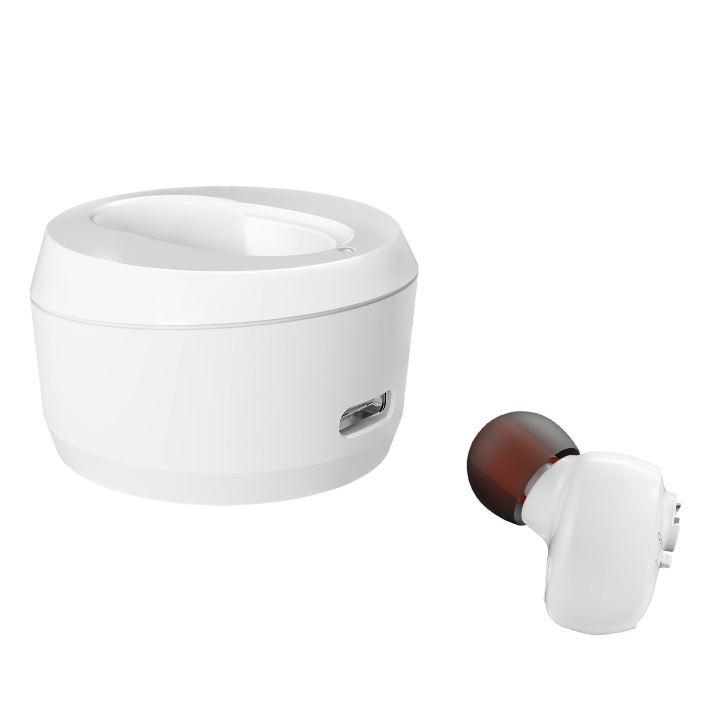 Delmicure VHP-1607 single-ear hearing aid white on white background