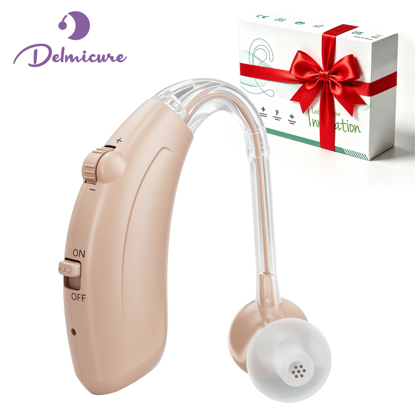Delmicure Rechargeable Hearing Aid for Seniors, Muti-Level Volume, HAP-001, Single, Beige