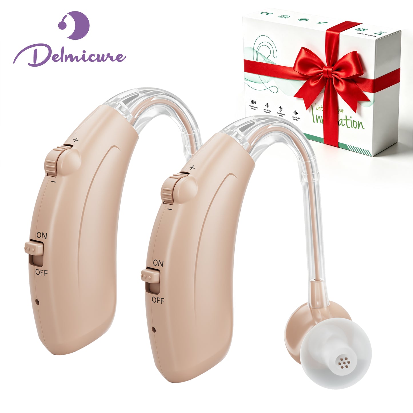 Delmicure Rechargeable Hearing Aid for Seniors, Muti-Level Volume, HAP-001, Pair, Beige