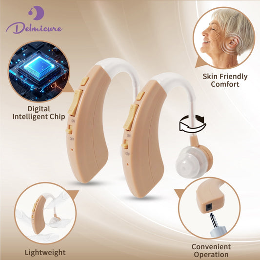 Delmicure VHP-1220 Hearing Aids for Seniors, Rechargeable Hearing Amplifiers for Hearing Loss, Binaural (Beige) - Regular Speaker