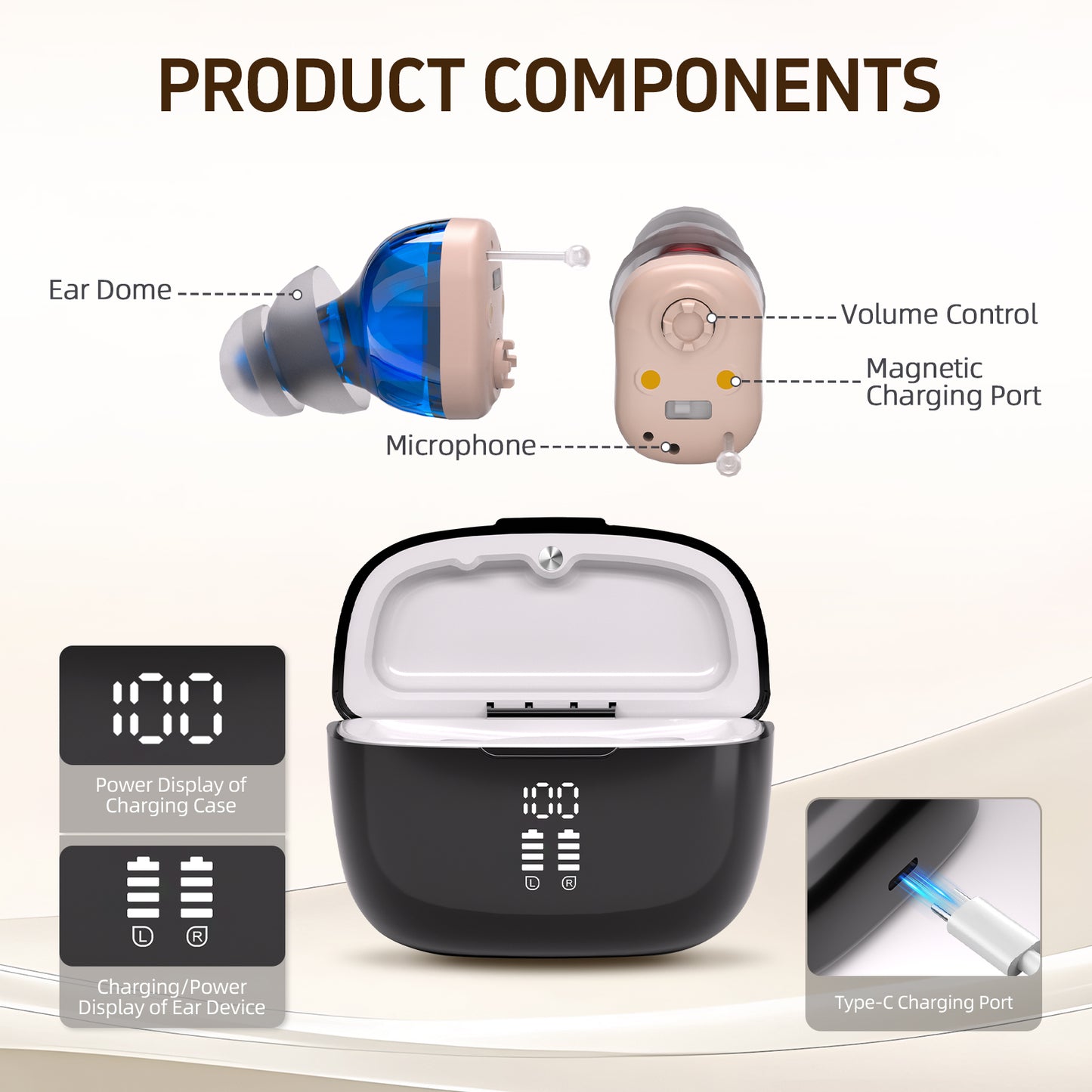 Delmicure VHP-1631L Sound Amplifier, Rechargeable Sound Amplifier with Portable Charging Case, Binaural (Beige)