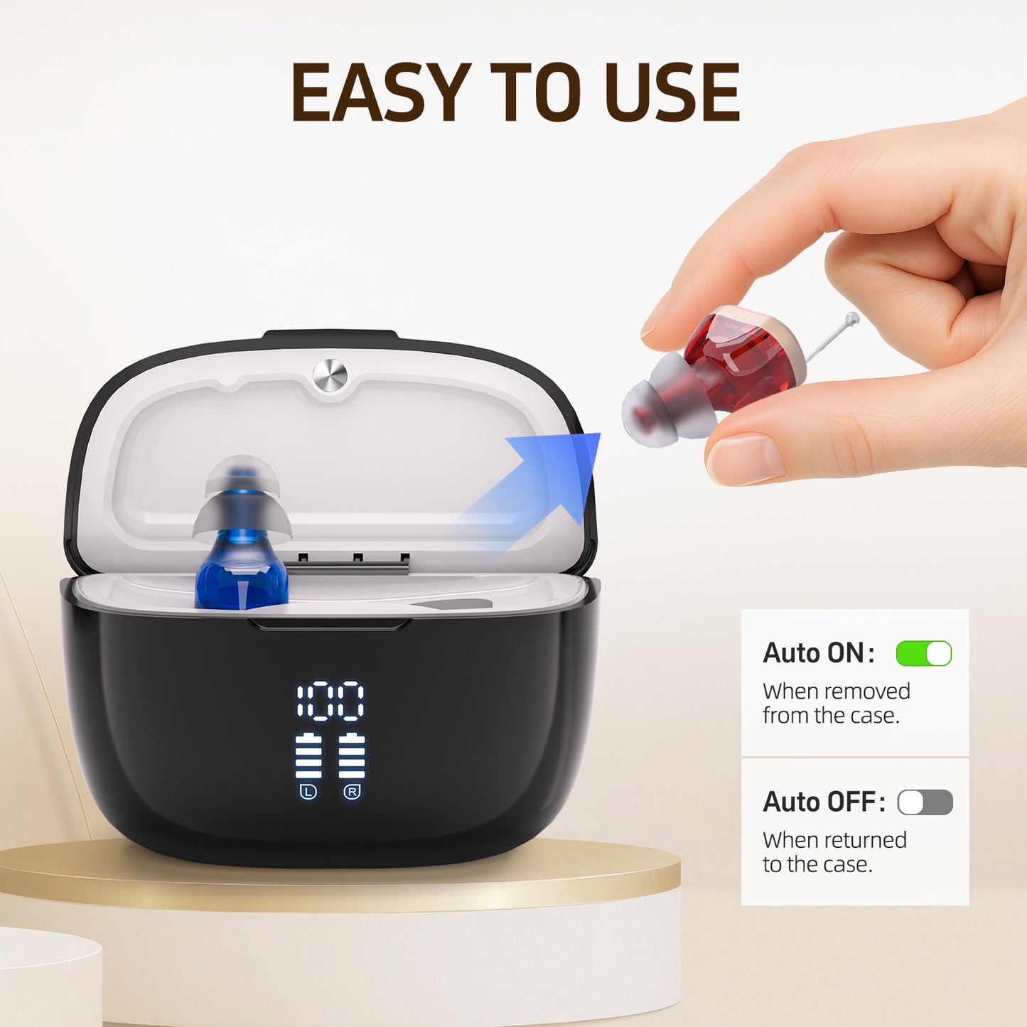 Delmicure VHP-1631L Sound Amplifier, Rechargeable Sound Amplifier with Portable Charging Case, Binaural (Beige)