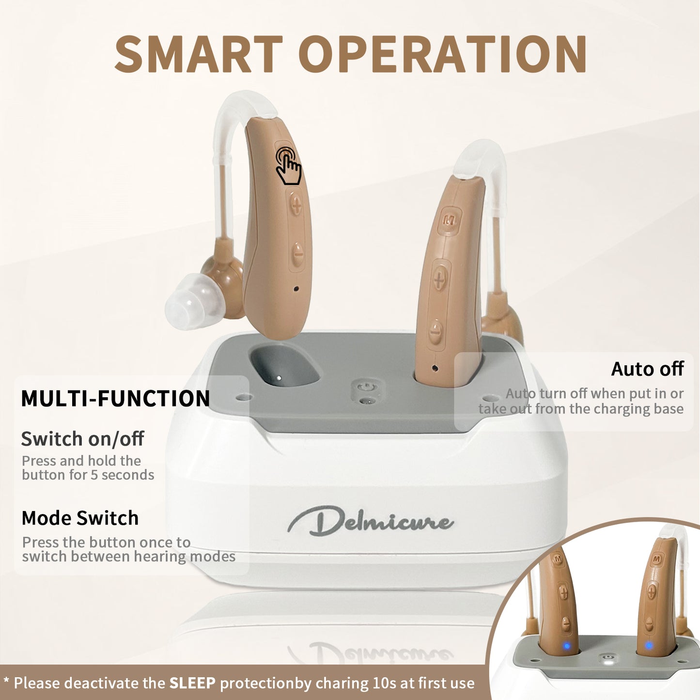 Delmicure VHP-1021 Hearing Aids for Adults, Hearing Amplifier with Charging Dock, Binarual (Beige) - Control with Button