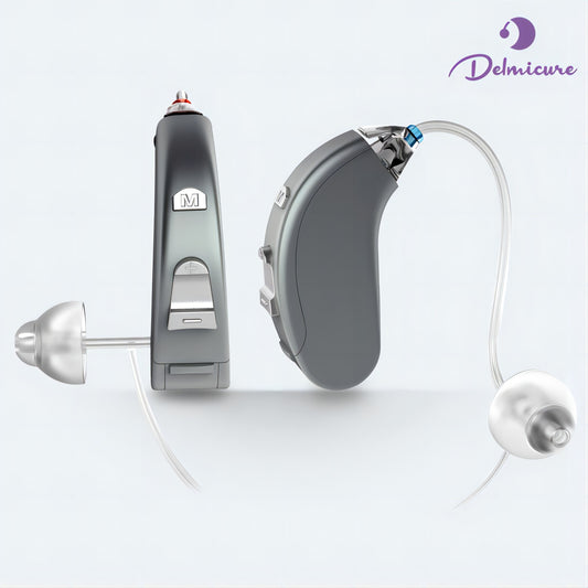 Delmicure VHP-702 Hearing Aids with Batteries for Seniors, BTE Sound Device with Replaceable Battery, Single (Grey)