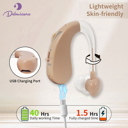 Delmicure VHP-1204 Hearing Aid for Seniors, Rechargeable Hearing Amplifier for Hearing Loss, Single (Beige)