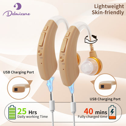 Delmicure VHP-1221 Hearing Aids for Seniors, Rechargeable Hearing Amplifiers for Hearing Loss, Binaural (Beige) - Detachable Speaker