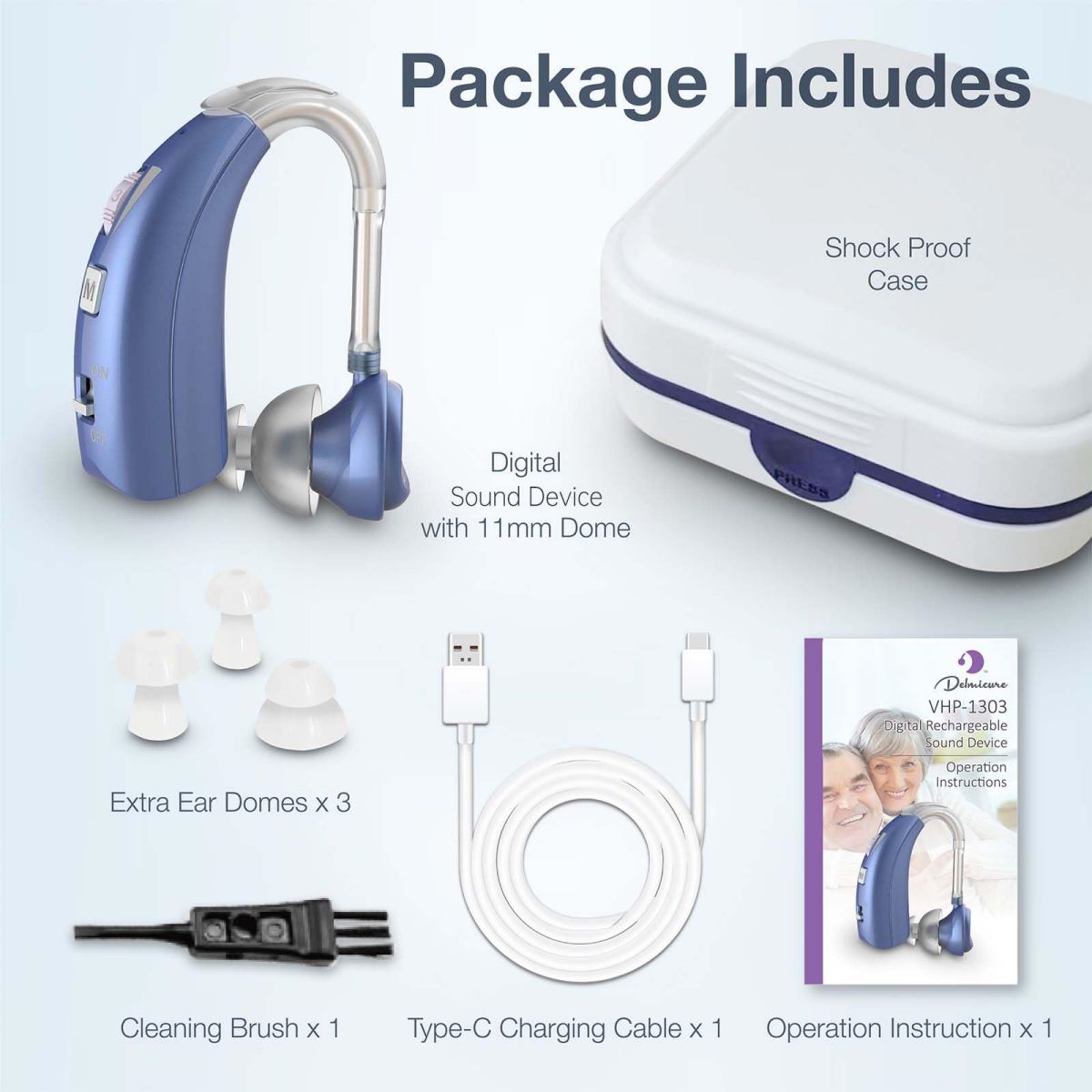 Delmicure VHP-1303 Hearing Aid For Seniors with 2 Frequency Modes, Single Machine, Blue