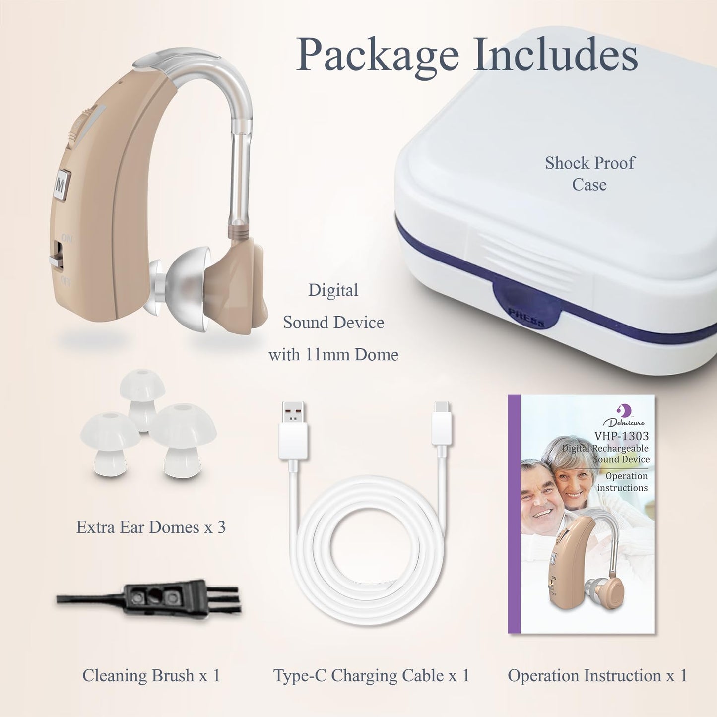 Delmicure VHP-1303 Hearing Aid For Seniors with 2 Frequency Modes, Single Machine, Beige