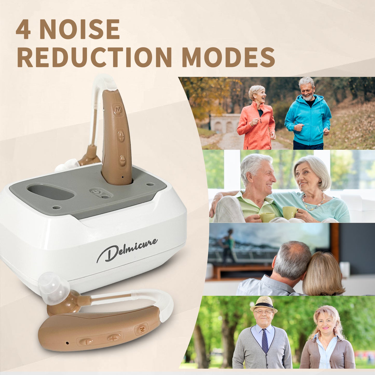 Delmicure VHP-1021 Hearing Aids for Adults, Hearing Amplifier with Charging Dock, Binarual (Beige) - Control with Button