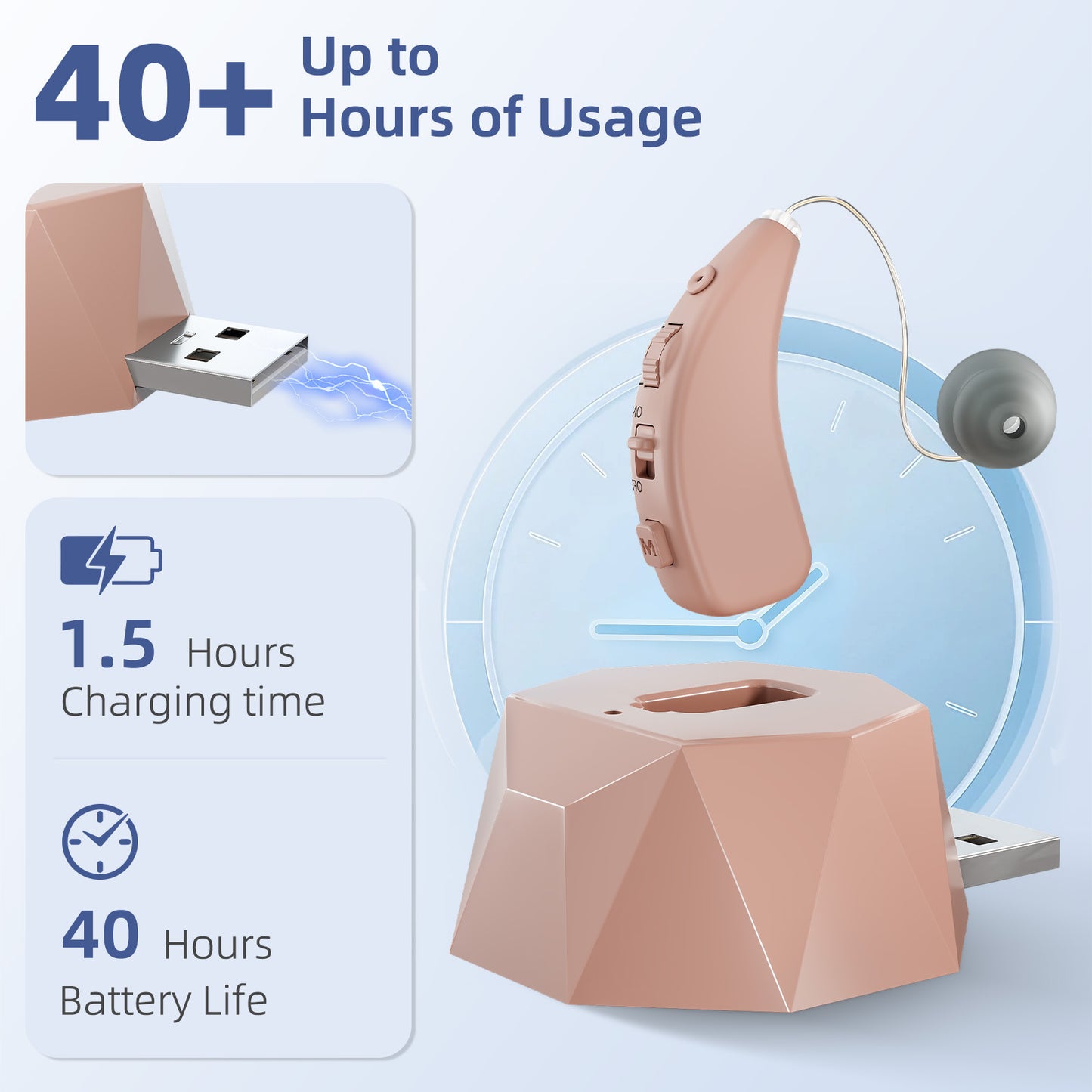 Delmicure Hearing Aid with Charging Dock, Rechargeable, 8-Level Volume, VHP-1505, Single (Beige)