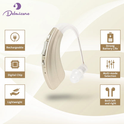 Delmicure VHP-1222 Hearing Aid for Seniors, Rechargeable Hearing Amplifier for Hearing Loss, Mini Speaker, Single (Gold)