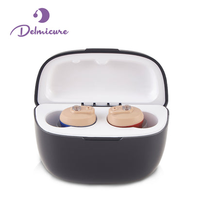 Delmicure Hearing Aids, Rechargeable Hearing Amplifiers with Portable Charging Case, Binaural (Beige)