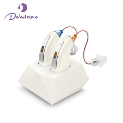 Delmicure VHP-1804 Digital Hearing Aids with 32 Channels & 4 Modes for Hearing Loss, with Charging Dock, Binaural (White)