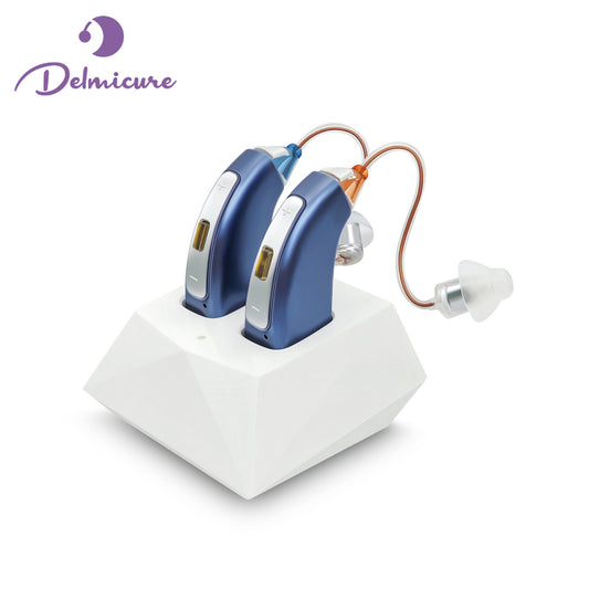 Delmicure VHP-1804 Digital Hearing Aids with 32 Channels & 4 Modes for Hearing Loss, with Charging Dock, Binaural (Blue)