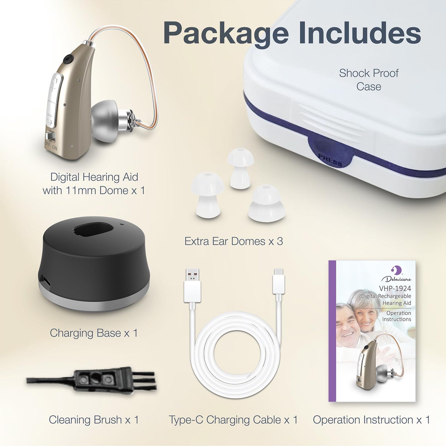 Delmicure VHP-1924 Hearing Aid, Rechargeable Hearing Amplifiers with Charging Dock, Single (Gold)