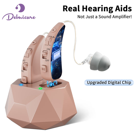 Delmicure VHP-1504 Hearing Aids, Rechargeable Hearing Amplifiers with Charging Dock, Binarual (Beige)