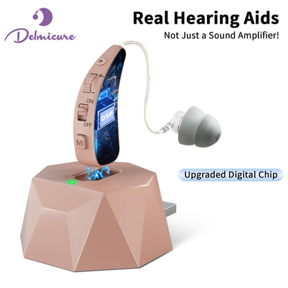 Delmicure VHP-1504 Hearing Aid, Rechargeable Hearing Amplifier with Charging Dock, Single (Beige)