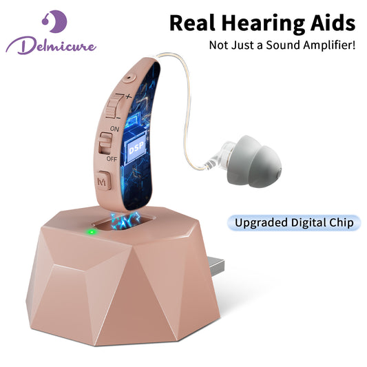Delmicure VHP-1504 Hearing Aid, Rechargeable Hearing Amplifier with Charging Dock, Single (Beige)