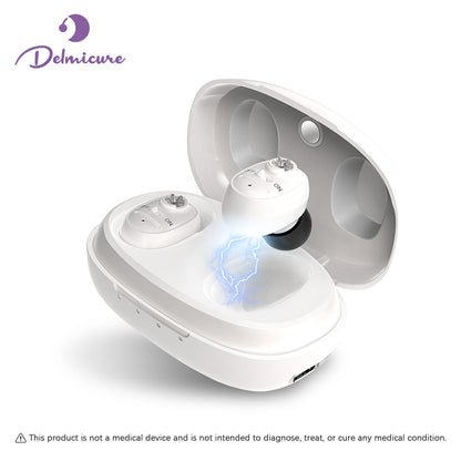 Delmicure VHP-1607 Hearing Aids, Rechargeable Hearing Amplifiers with Portable Charging Case, Binaural (White)