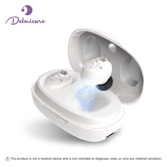 Delmicure VHP-1607 Hearing Aids, Rechargeable Hearing Amplifiers with Portable Charging Case, Binaural (White)