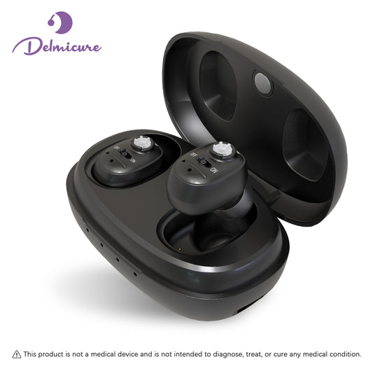 Delmicure VHP-1607 Hearing Aids, Rechargeable Hearing Amplifiers with Portable Charging Case, Binaural (Black)