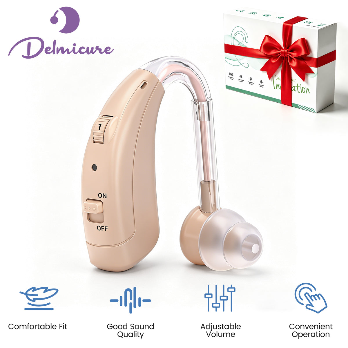 Delmicure Digital Hearing Aid for Seniors, Rechargeable, Noise Reduction, Single, Beige, VHP-1721