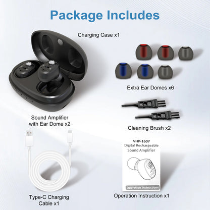 Delmicure VHP-1607 Hearing Aids, Rechargeable Hearing Amplifiers with Portable Charging Case, Binaural (Black)