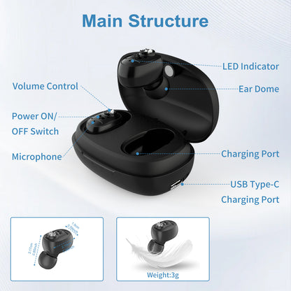 Delmicure VHP-1607 Hearing Aids, Rechargeable Hearing Amplifiers with Portable Charging Case, Binaural (Black)