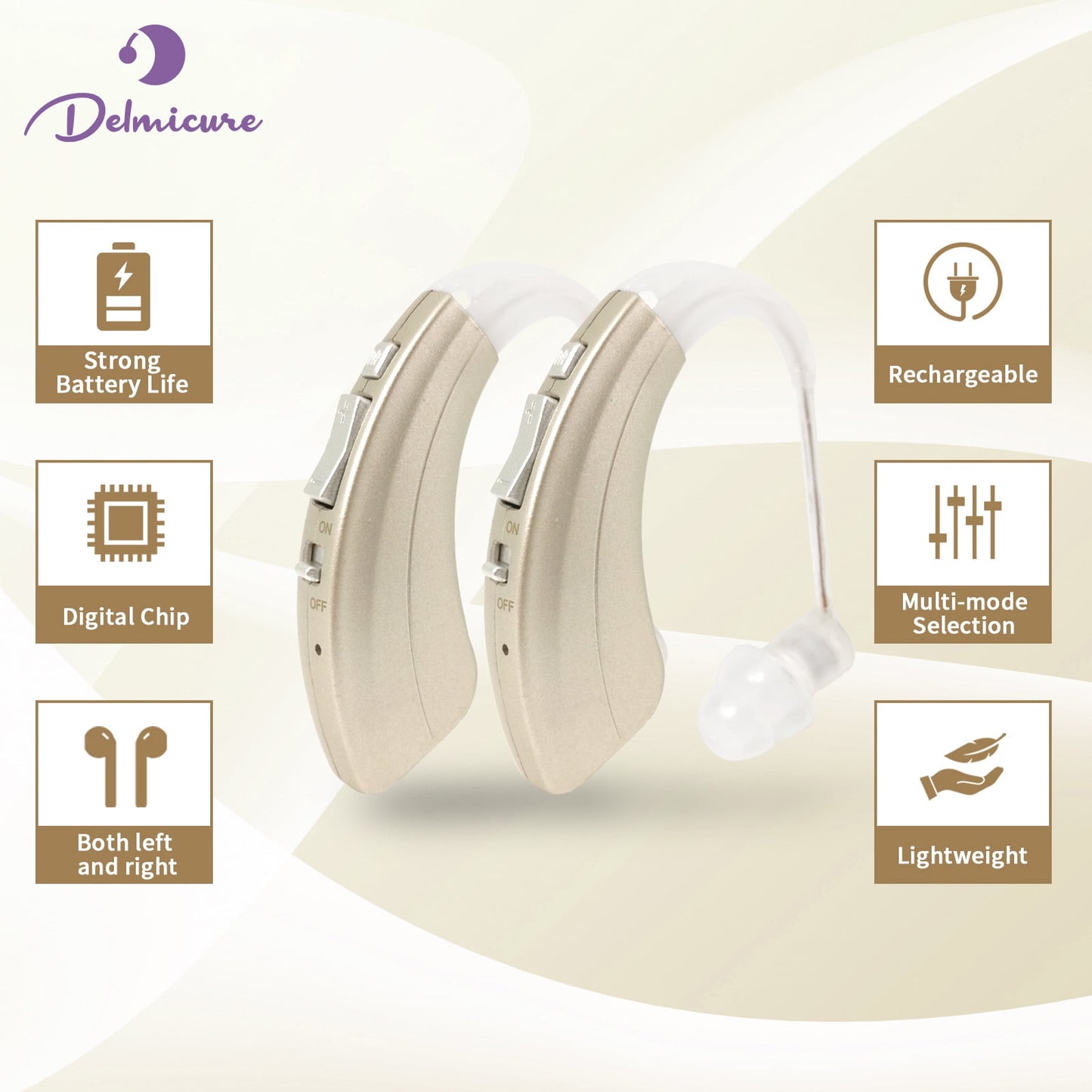 Delmicure VHP-1222 Hearing Aids for Seniors, Rechargeable Hearing Amplifiers for Hearing Loss, Binaural (Gold) - Mini Speaker