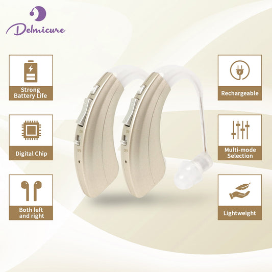 Delmicure VHP-1222 Hearing Aids for Seniors, Rechargeable Hearing Amplifiers for Hearing Loss, Binaural (Gold) - Mini Speaker