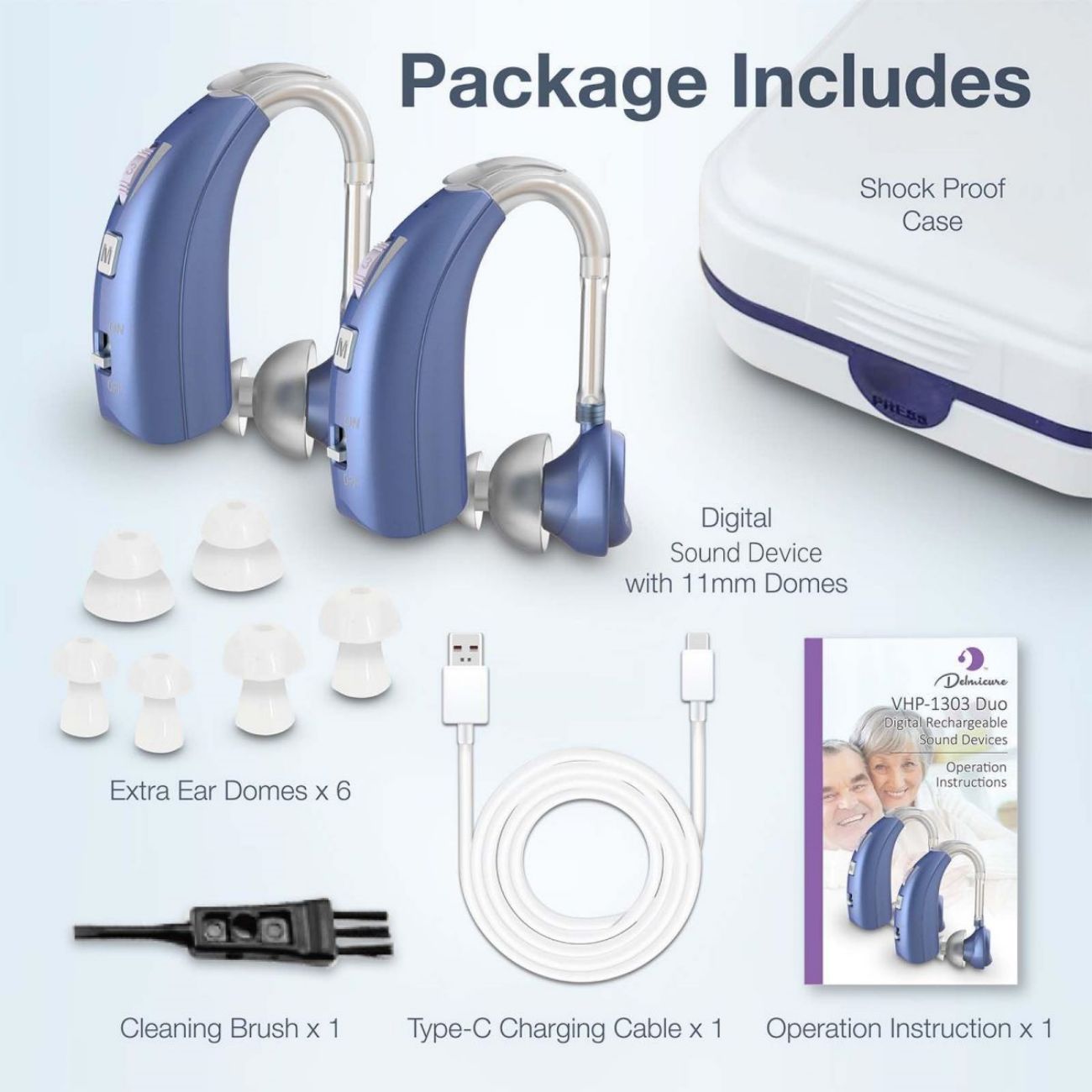 Delmicure VHP-1303 Hearing Aids For Seniors with 2 Frequency Modes, Dual Machine, Blue