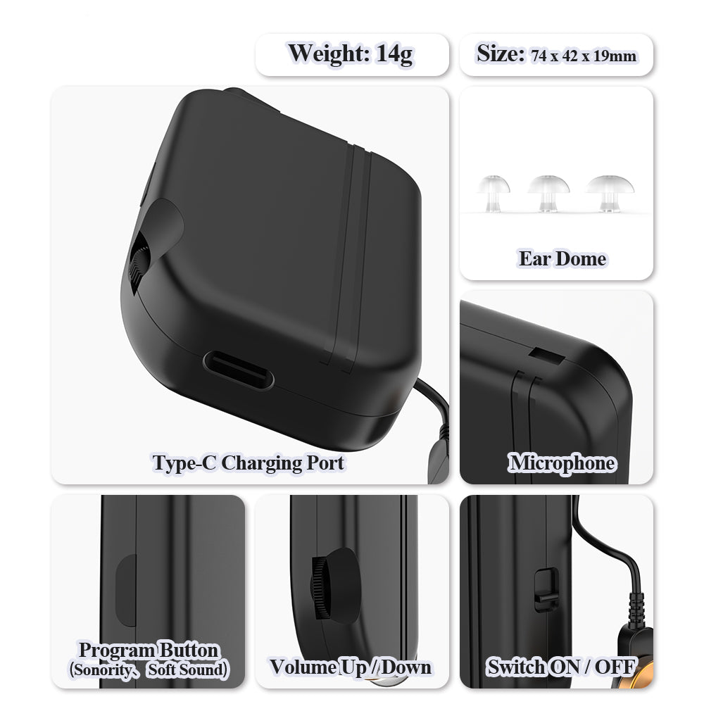 Delmicure VHP-302C Hearing Aids for Seniors – Rechargeable Sound Device with Smart Volume Adjustment, Single(Black)