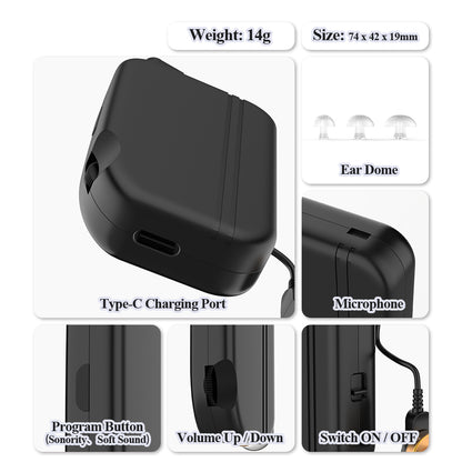 Delmicure VHP-302C Hearing Aids for Seniors – Rechargeable Sound Device with Smart Volume Adjustment, Single(Black)