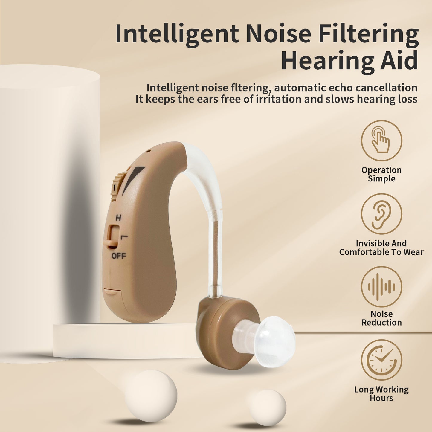 Delmicure HAP-20T Hearing Amplifier for Seniors, Sound Amplifier with Replaceable Battery, Single (Beige) - Upgrade