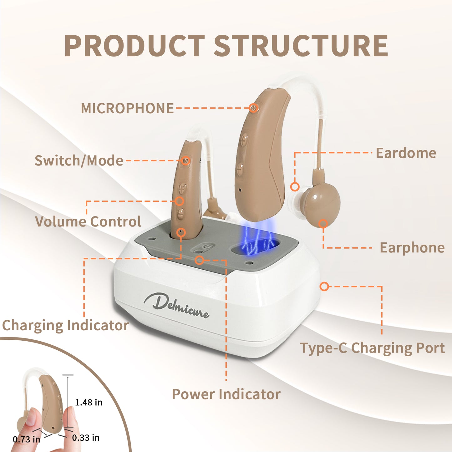 Delmicure VHP-1021 Hearing Aids for Adults, Hearing Amplifier with Charging Dock, Binarual (Beige) - Control with Button