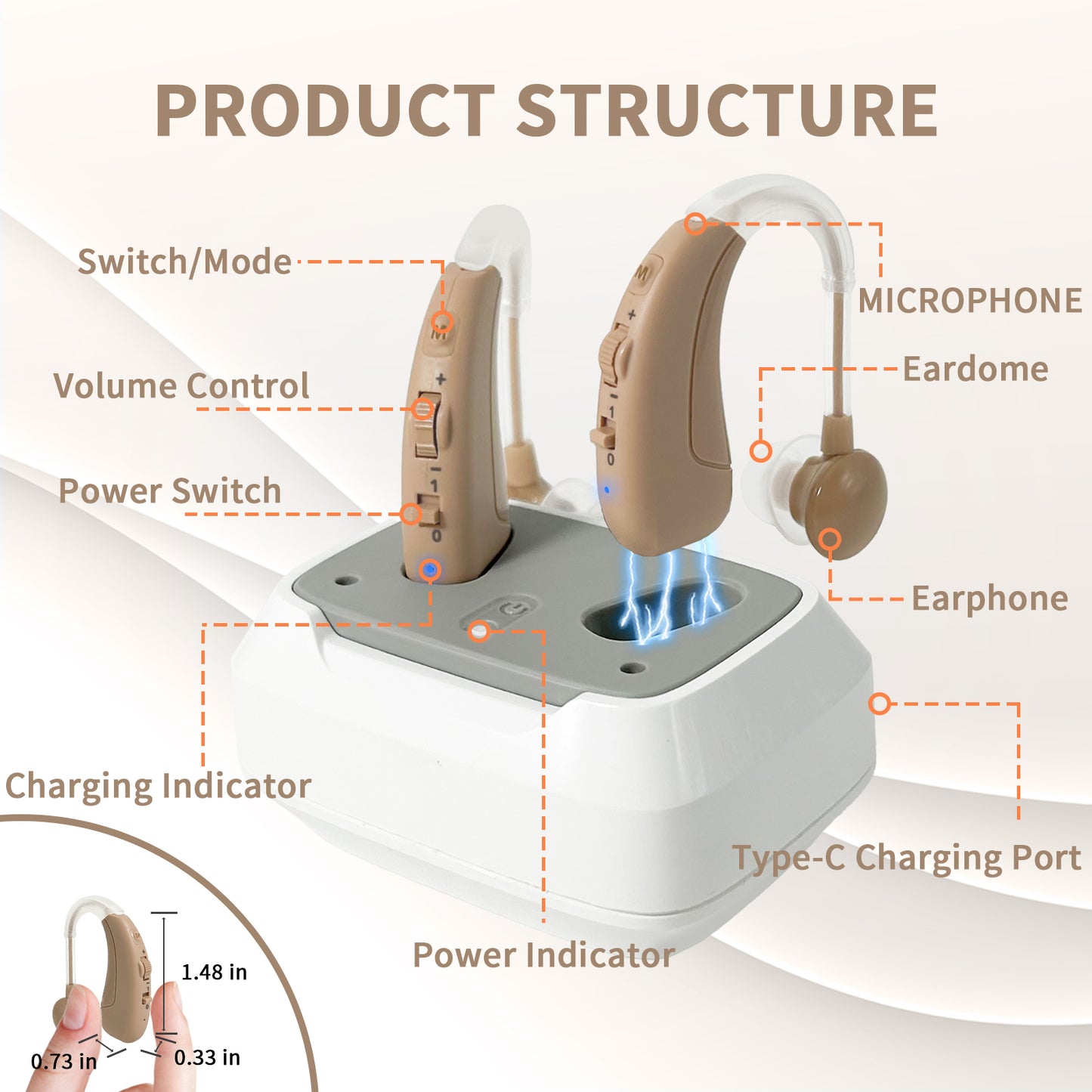 Delmicure VHP-1011 Hearing Aids for Adults, Hearing Amplifier Easy Charging Dock, Binarual (Beige) - Control with Slide