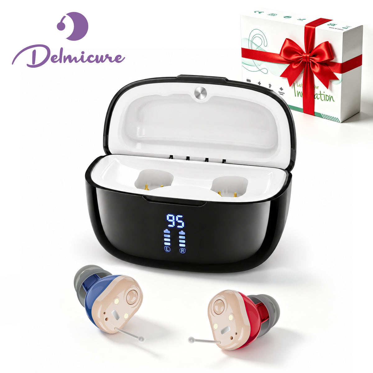 Delmicure Digital Hearing Aids for Seniors, 32-Channel, Noise Reduction, Rechargeable, Auto On/Off, Pair, Beige, VHP-1632