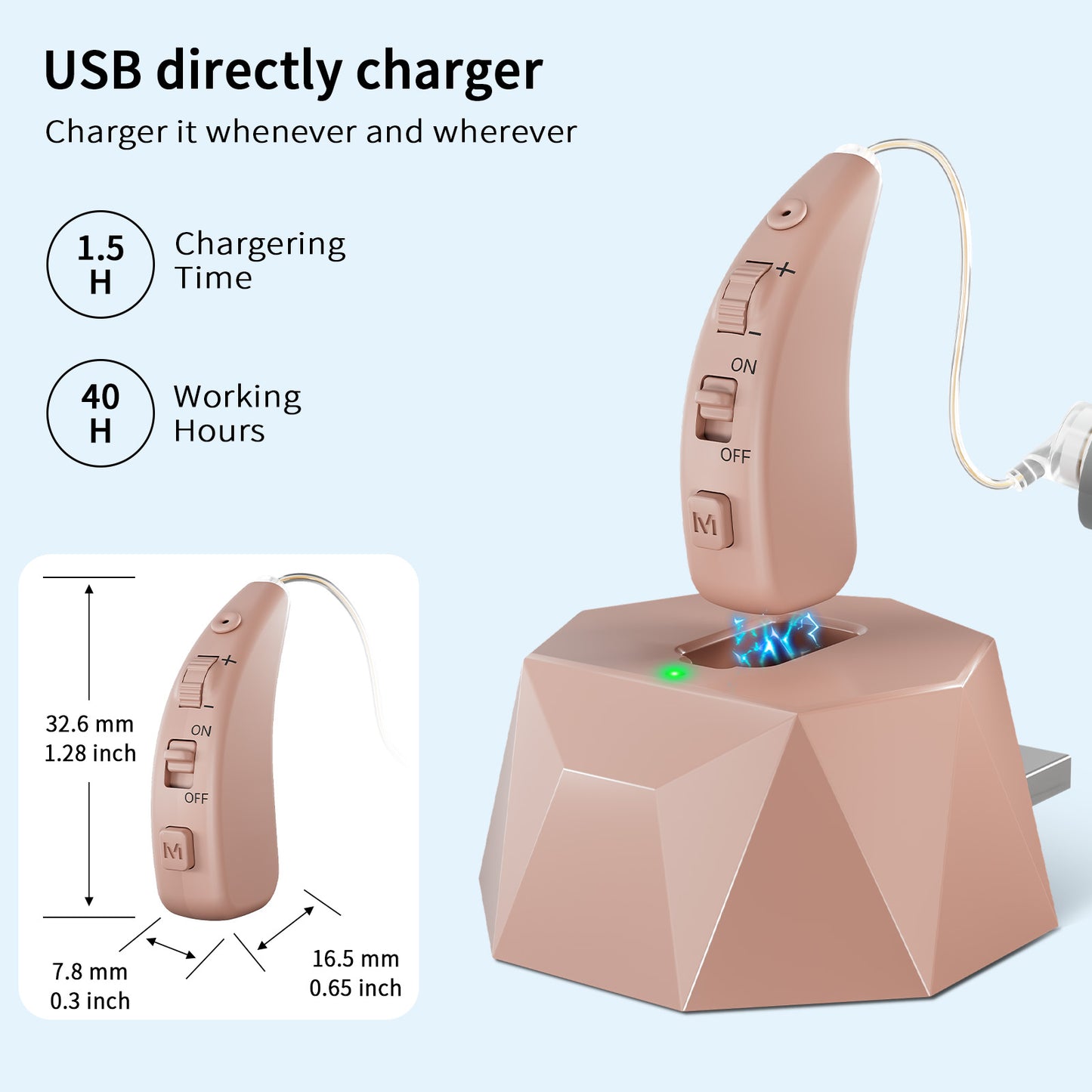 Delmicure VHP-1504 Hearing Aid, Rechargeable Hearing Amplifier with Charging Dock, Single (Beige)