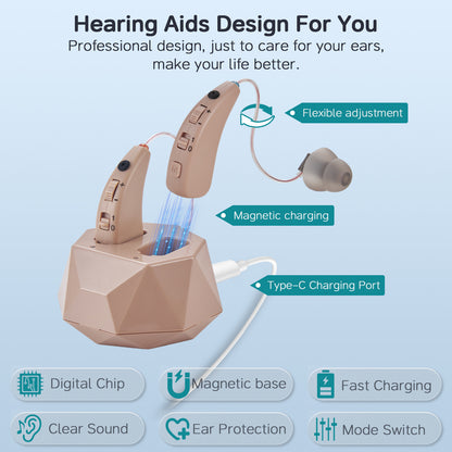 Delmicure VHP-1505 Hearing Aids, Rechargeable Hearing Amplifiers with Charging Dock, Binarual (Beige)