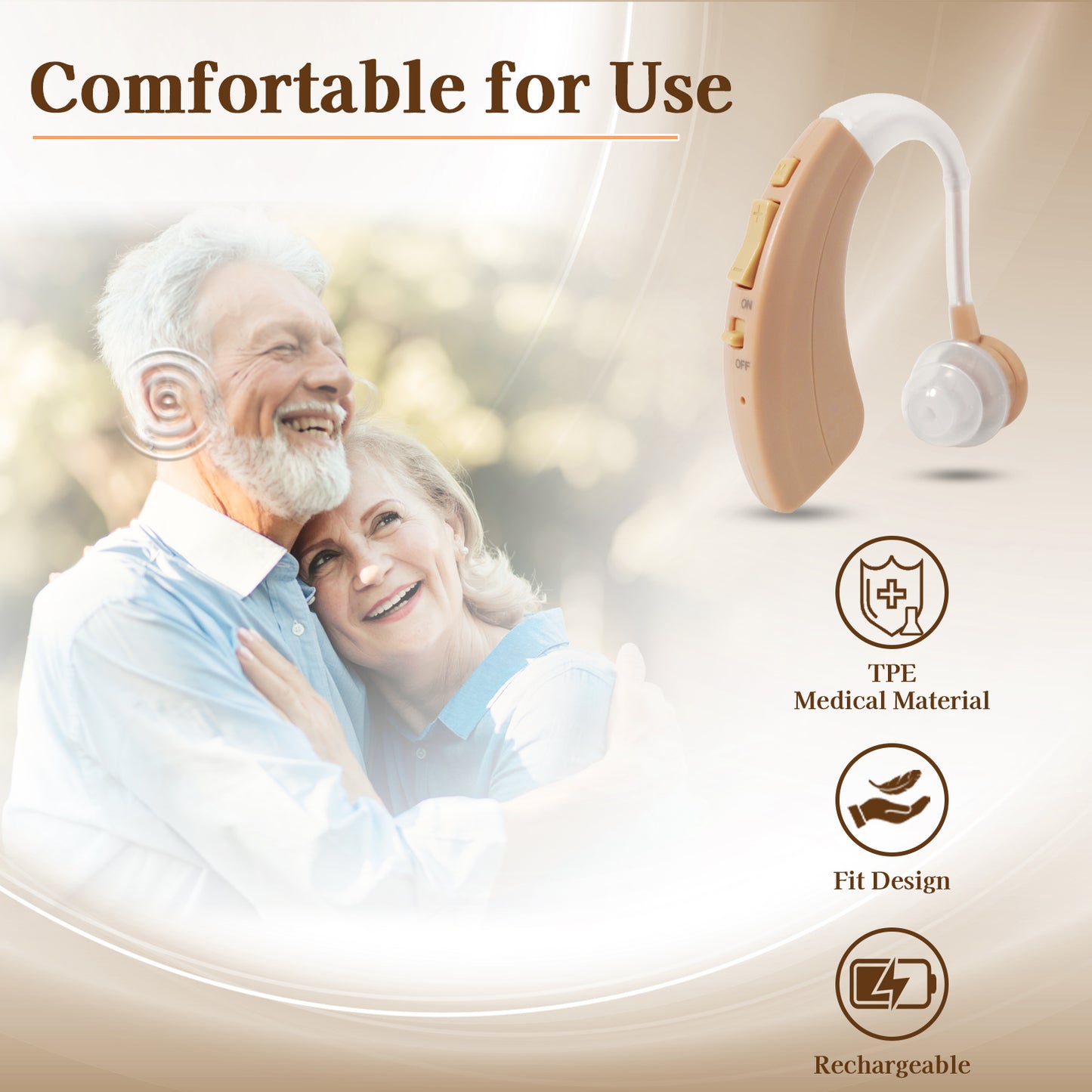 Delmicure VHP-1220 Hearing Aid for Seniors, Rechargeable Hearing Amplifier for Hearing Loss, Single (Beige)