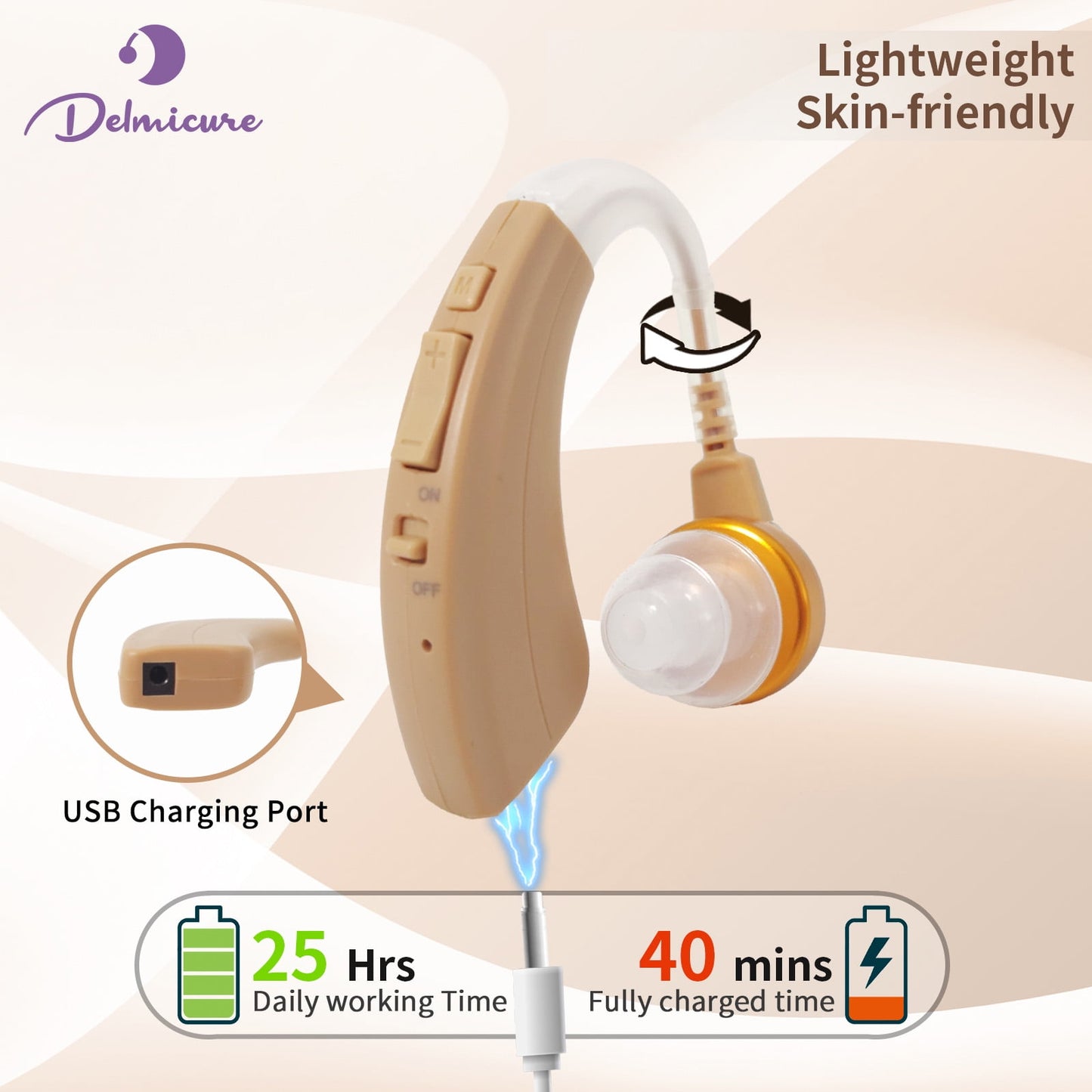 Delmicure VHP-1221 Hearing Aid for Seniors, Rechargeable Hearing Amplifier for Hearing Loss, Detachable Speaker, Single (Beige)