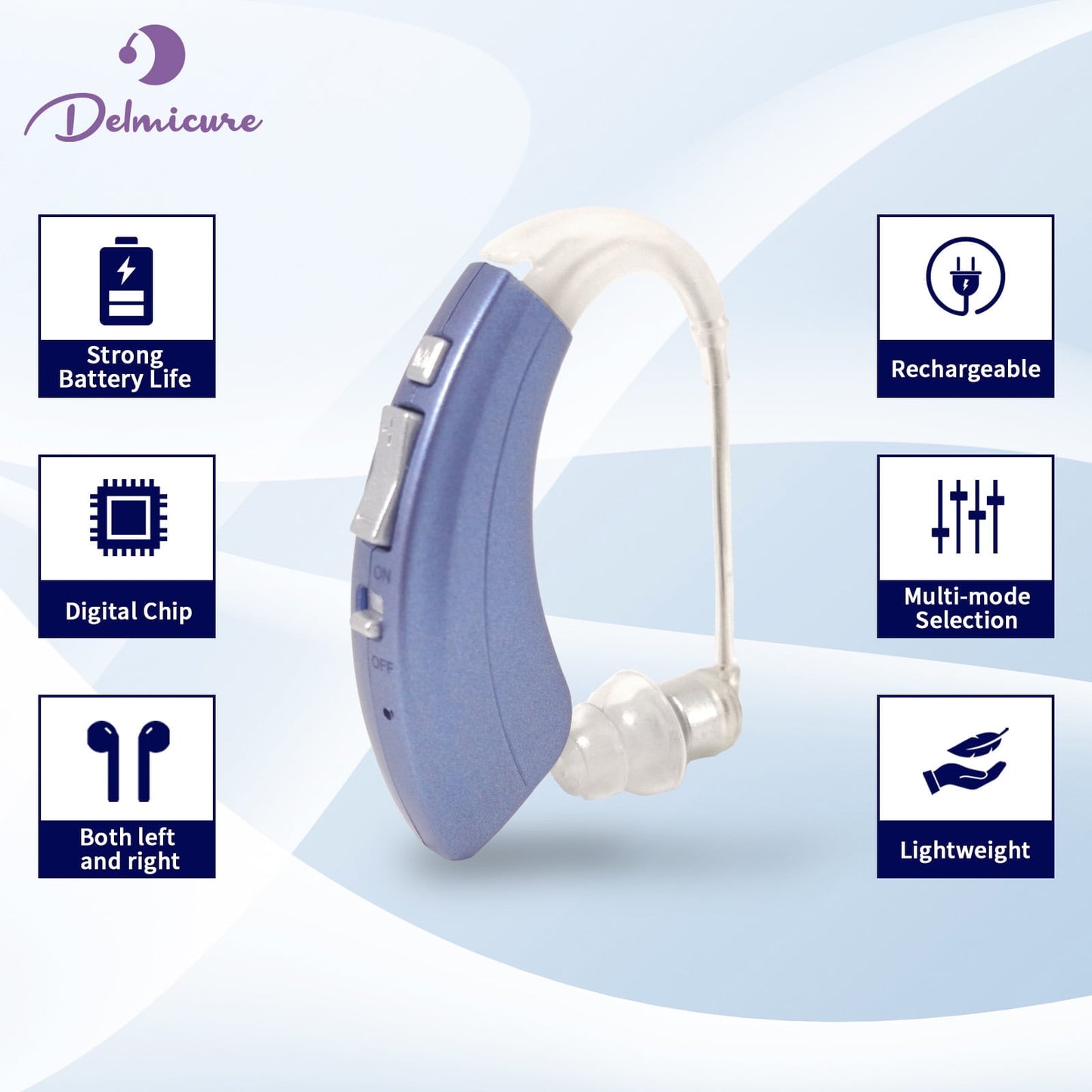 Delmicure VHP-1222 Hearing Aid for Seniors, Rechargeable Hearing Amplifier for Hearing Loss, Mini Speaker, Single (Blue)